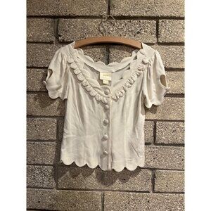 Maeve By Anthropologie White Textured Button-Up Scalloped Top With Ruffle Detail